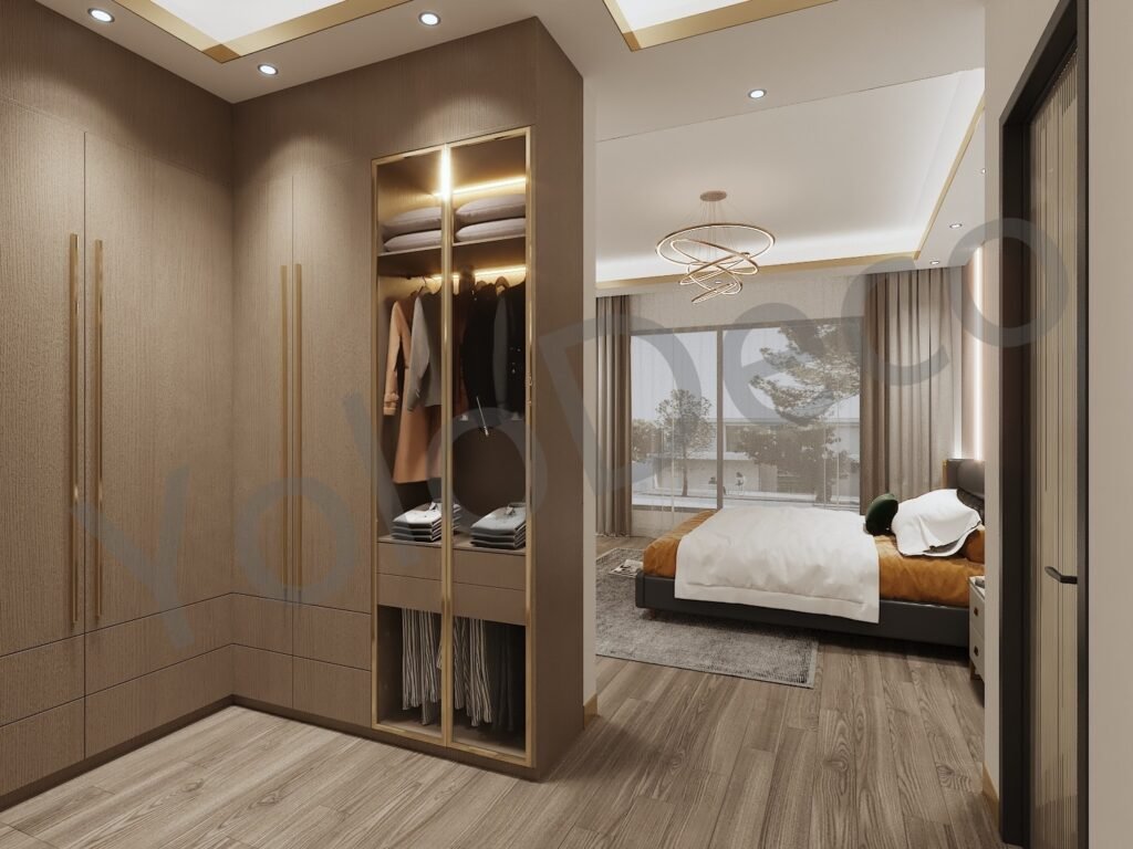 Serene bedroom setting with large window views of nature, sheer curtains, and modern furniture layout.