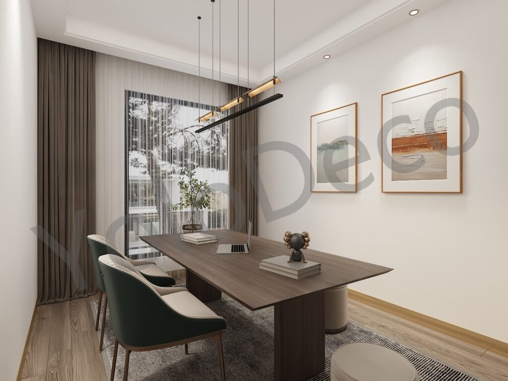 Professional home office design with long dark wood desk, green upholstered chairs, and modern linear pendant light.