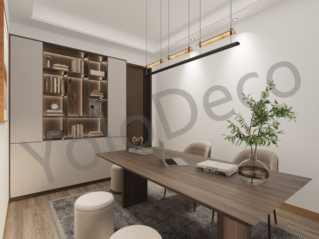 Home workspace featuring custom backlit open shelving, minimalist desk, and contemporary decor items.