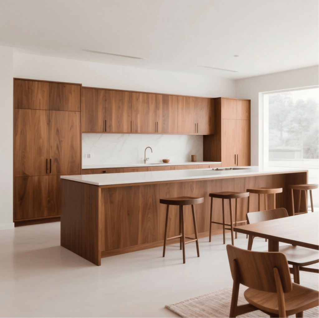 Minimalist kitchen wall featuring seamless floor-to-ceiling walnut cabinetry with integrated appliances, demonstrating the clean lines of modern wood design.
