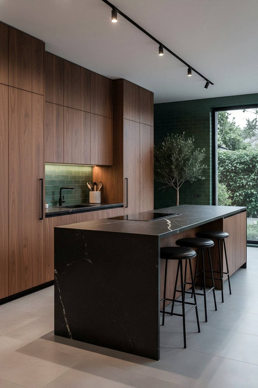 Striking contemporary kitchen combining vertical grain walnut cabinets with a dramatic black marble waterfall island and green subway tile backsplash for a moody aesthetic.