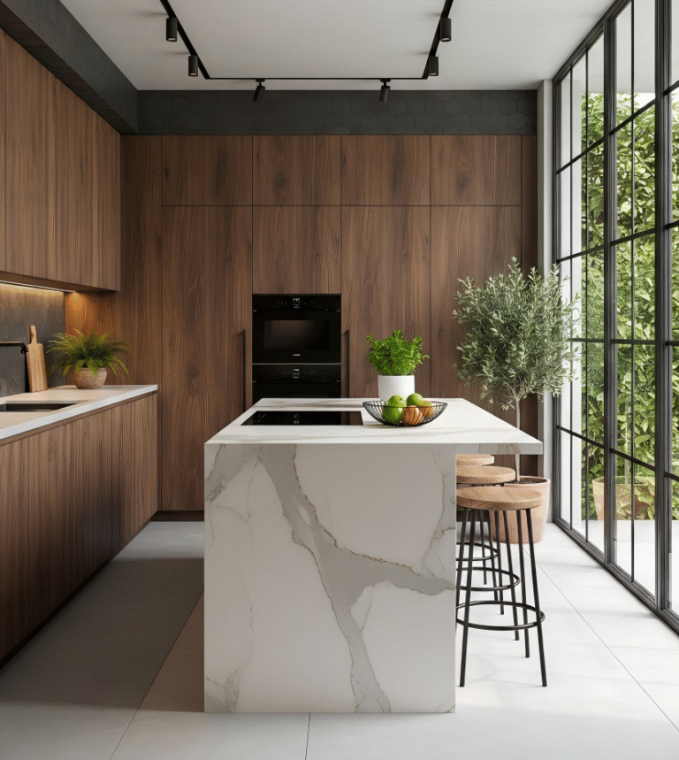 Bright, nature-inspired kitchen featuring warm walnut wood cabinetry and a white stone island, seamlessly connecting to the outdoors through large glass walls.