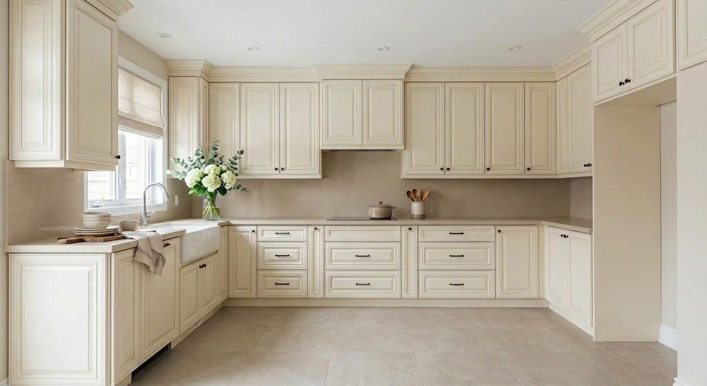 Traditional kitchen design featuring monochromatic cream raised panel cabinets, decorative molding, and a farmhouse sink.