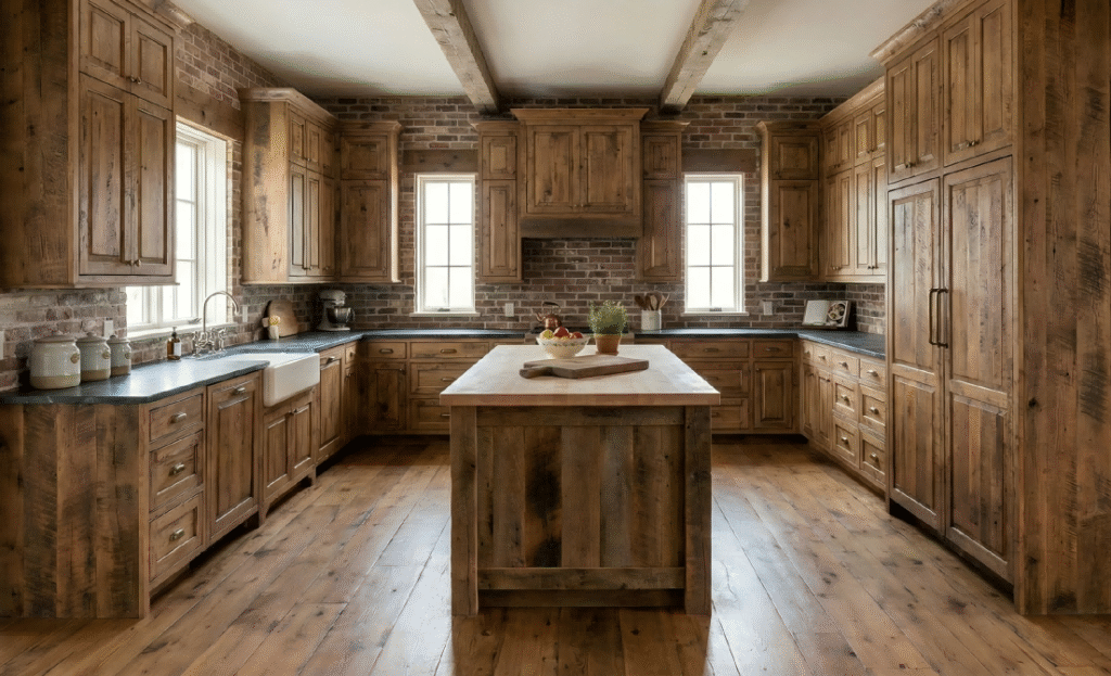 Farmhouse rustic kitchen featuring distressed wood cabinetry, a classic white apron-front sink, exposed wooden ceiling beams, and a weathered brick backsplash.