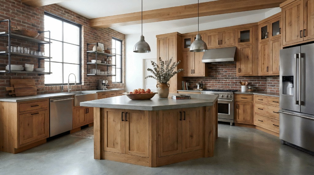 Industrial rustic kitchen showcasing natural wood cabinets, a large concrete island countertop, exposed red brick walls, metal shelving, and stainless steel appliances.