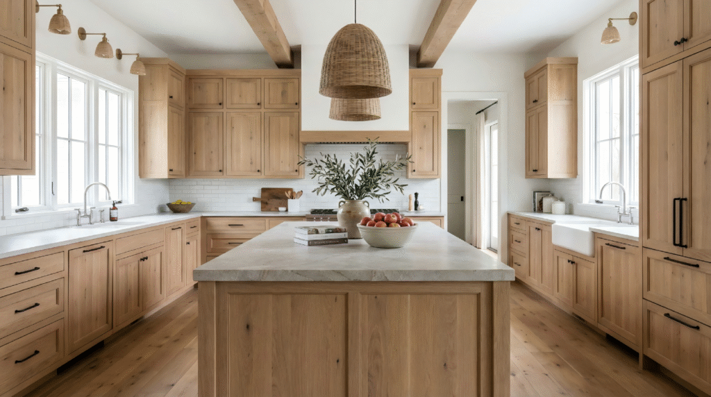 A bright and airy light rustic kitchen featuring bleached wood cabinets, crisp white countertops, exposed ceiling beams, and woven rattan pendant lights.