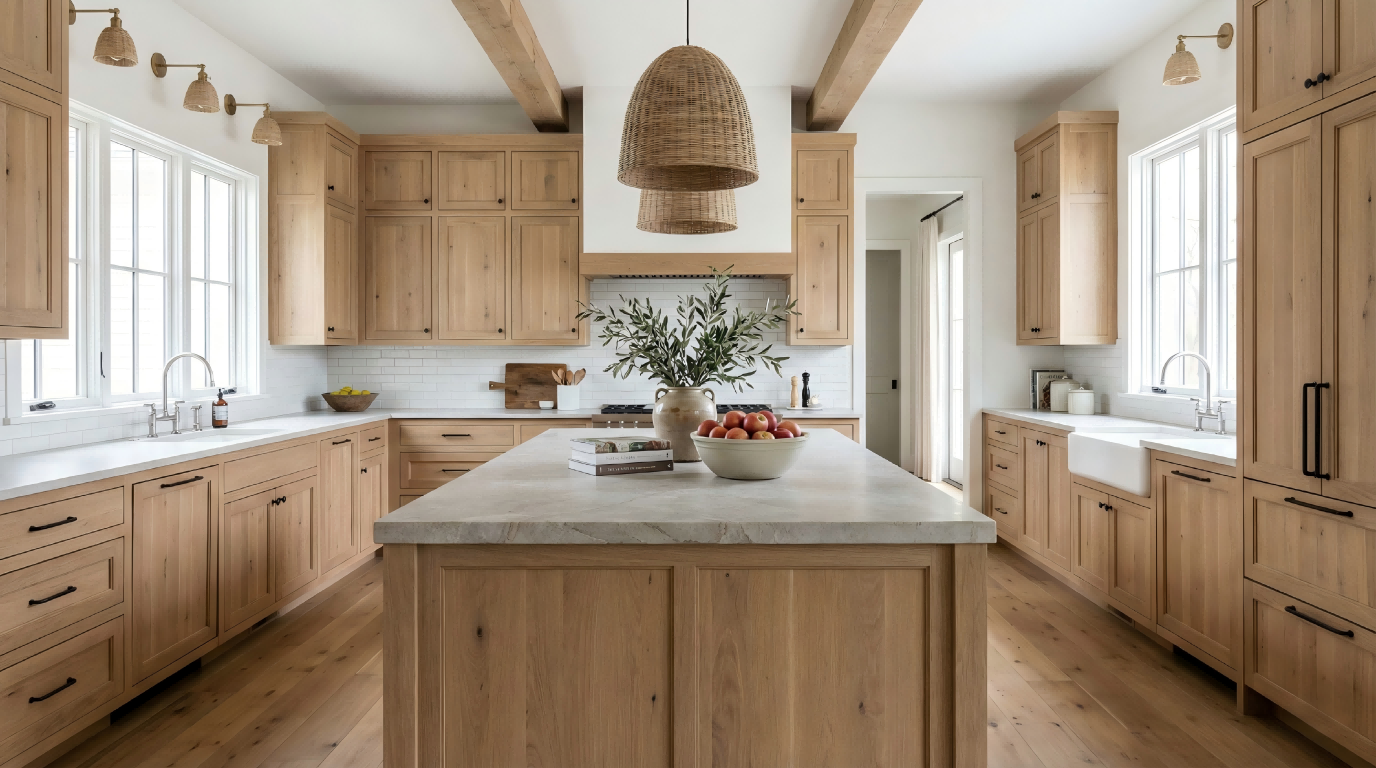 A bright and airy light rustic kitchen featuring bleached wood cabinets, crisp white countertops, exposed ceiling beams, and woven rattan pendant lights.