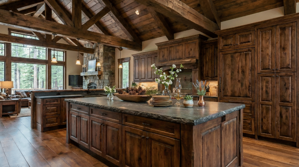 A grand lodge rustic kitchen featuring dark, heavily distressed wood cabinets, massive exposed timber trusses, a stone fireplace, and dark stone countertops.