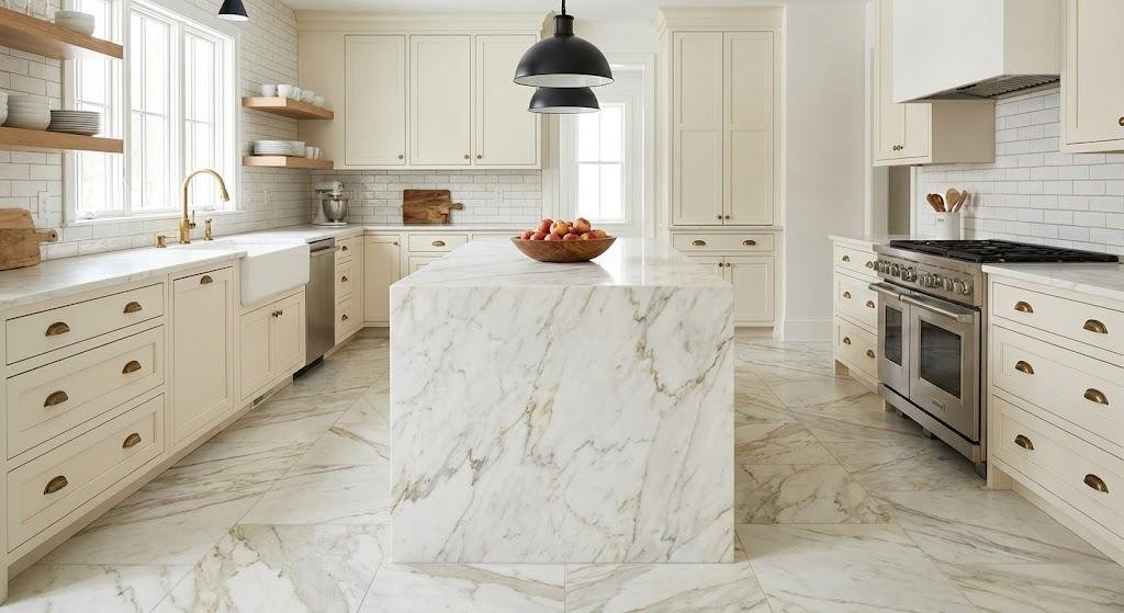 Cream shaker style kitchen cabinets featuring matte black cup pulls, industrial pendant lighting, and rustic wood open shelving.