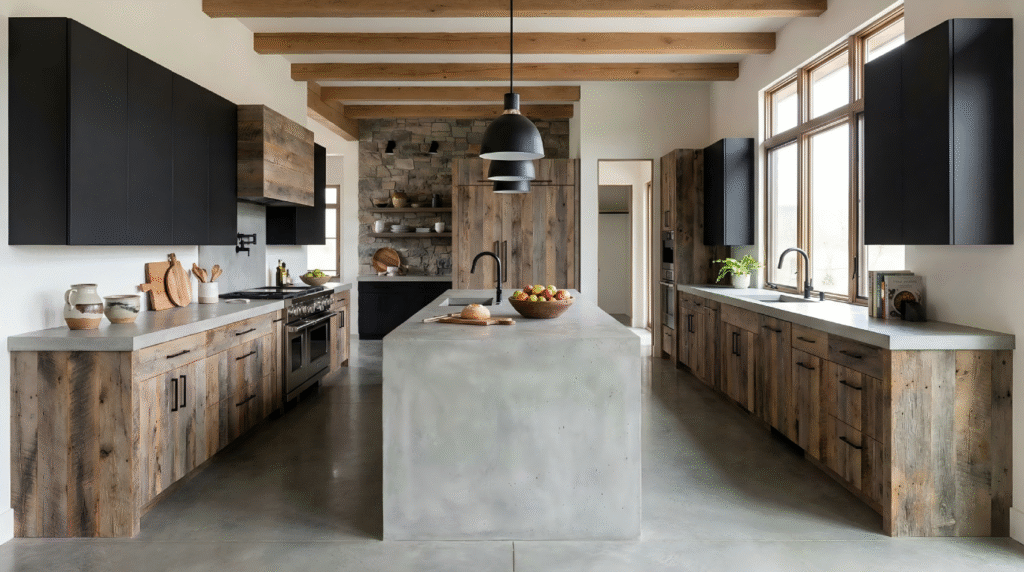 A modern rustic kitchen combining textured reclaimed wood base cabinets with sleek matte black upper cabinets, a minimalist concrete island, and modern black pendant lighting.