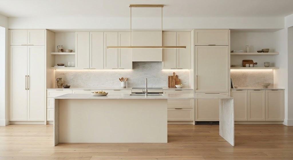 Minimalist cream kitchen with slim shaker doors, matching stone slab backsplash, and sleek linear brass pendant lighting.