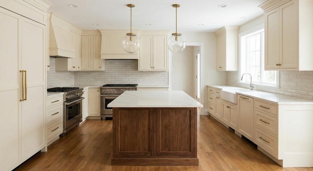 Transitional style kitchen featuring cream perimeter cabinets paired with a contrasting dark walnut wood island and brass hardware.