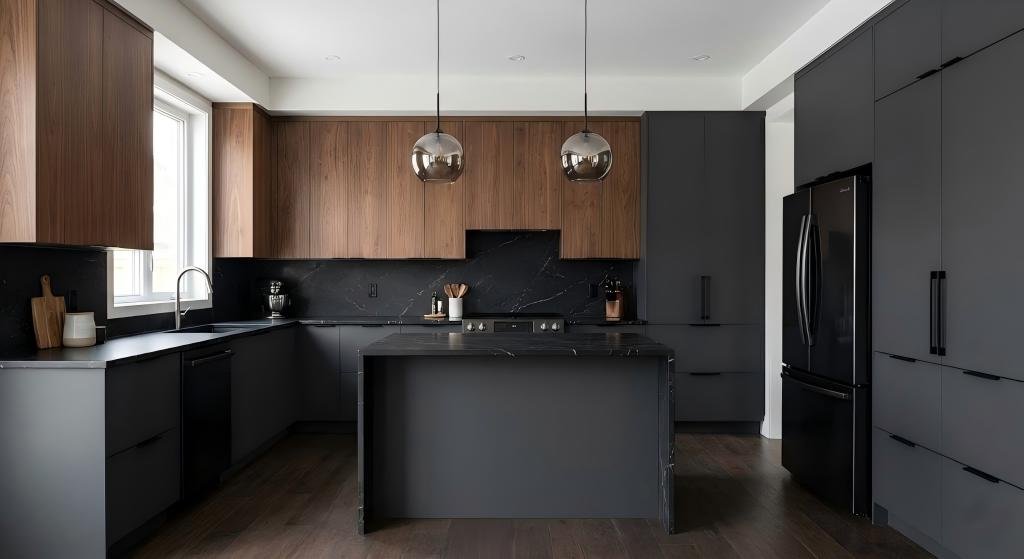 Modern flat panel kitchen featuring two-tone design with walnut wood upper cabinets and matte charcoal black lower cabinets and island.
