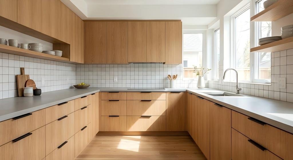 Light white oak flat panel kitchen cabinets with vertical grain matching in a bright Scandi-style kitchen with open shelving.