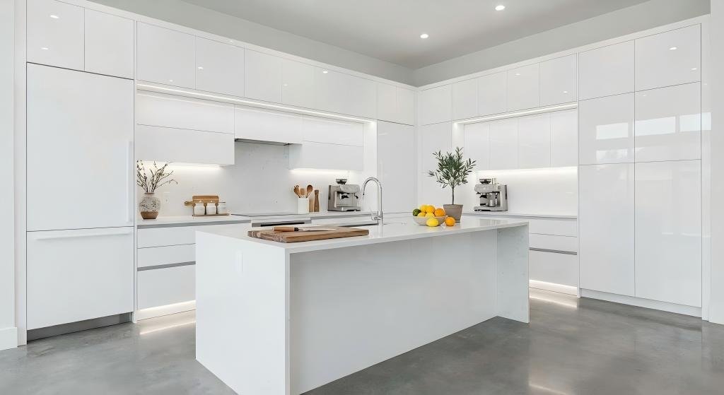 Luxury high-gloss white acrylic flat panel kitchen cabinets with integrated appliances and LED lighting, showcasing a minimalist look.