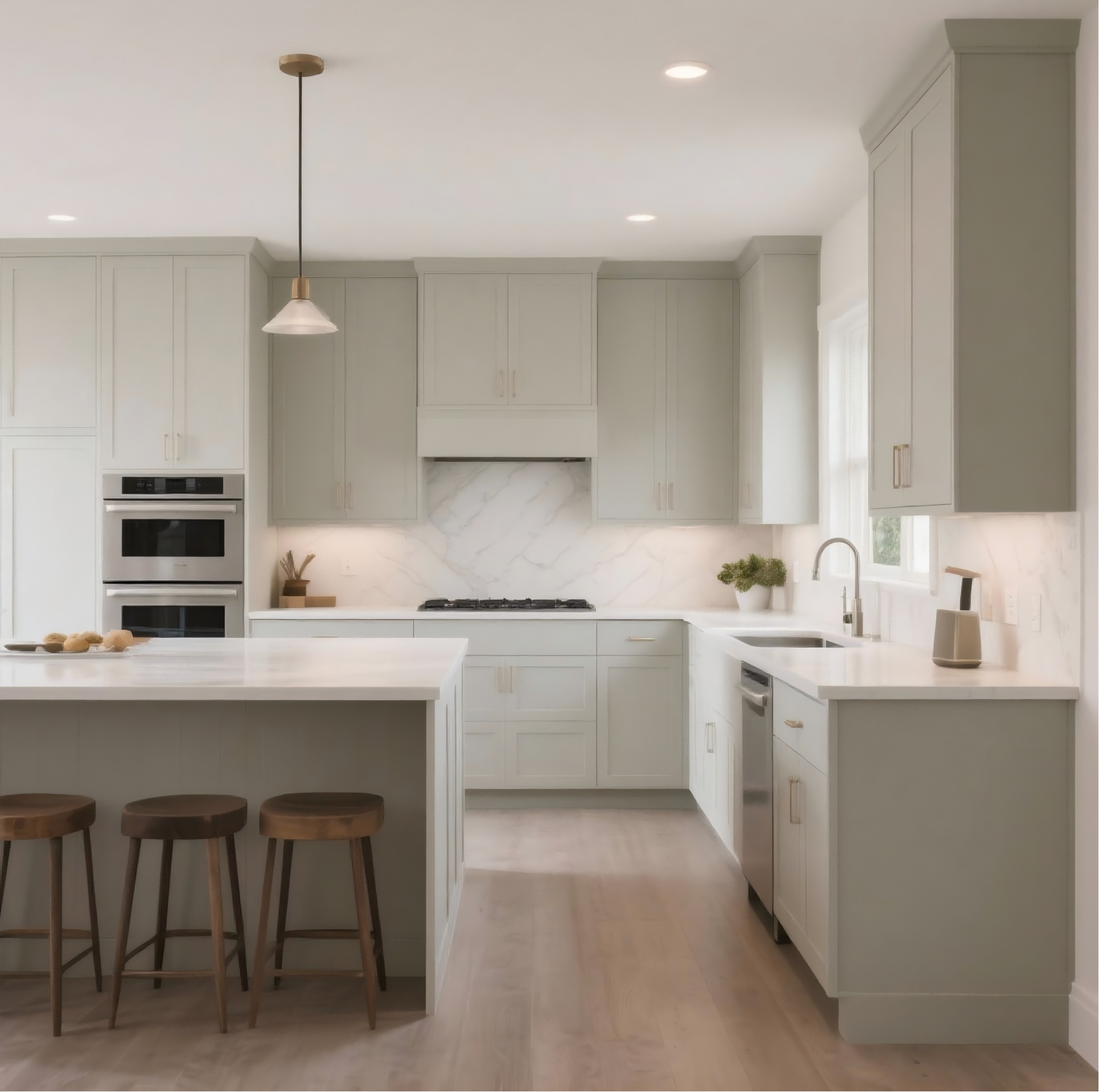 A kitchen with sage green shaker-style cabinets, white countertops, and natural wood bar stools, creating a calm and timeless aesthetic.