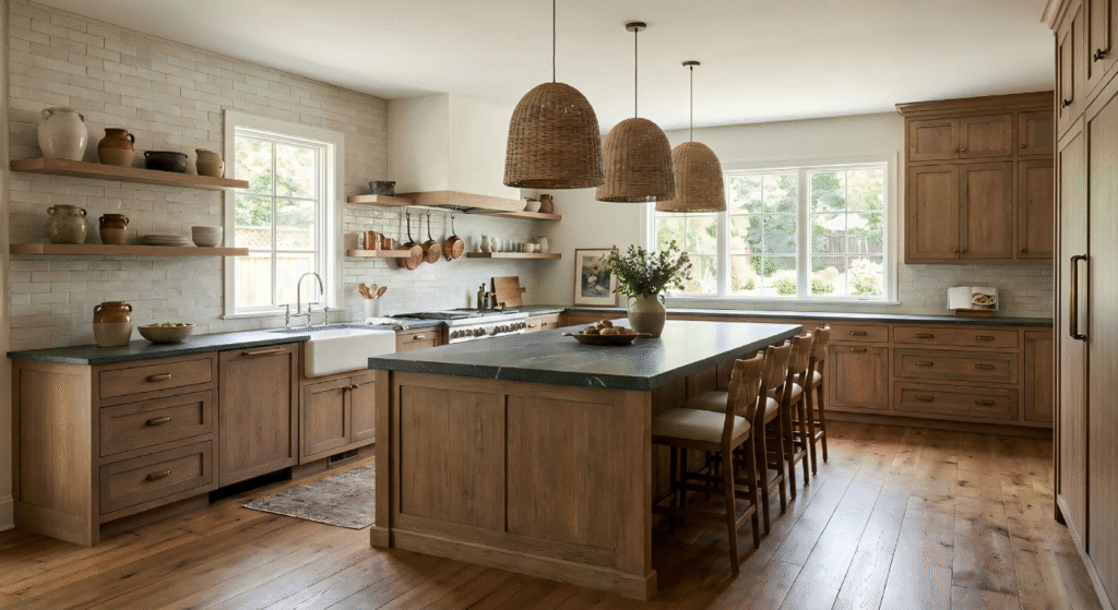 A traditional rustic kitchen featuring dark distressed wood cabinets, a large island with gray stone countertops, and a classic wrought iron chandelier over hardwood floors.