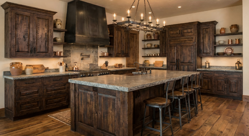 A transitional rustic kitchen showcasing medium-tone wood cabinets, a large island with dark stone countertops, a white brick backsplash, and three woven wicker pendant lights.