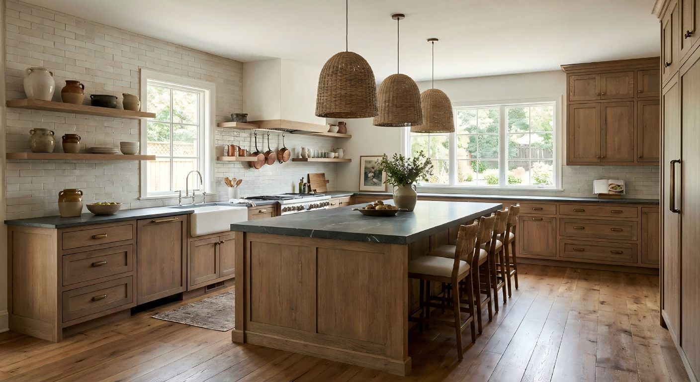 A traditional rustic kitchen featuring dark distressed wood cabinets, a large island with gray stone countertops, and a classic wrought iron chandelier over hardwood floors.