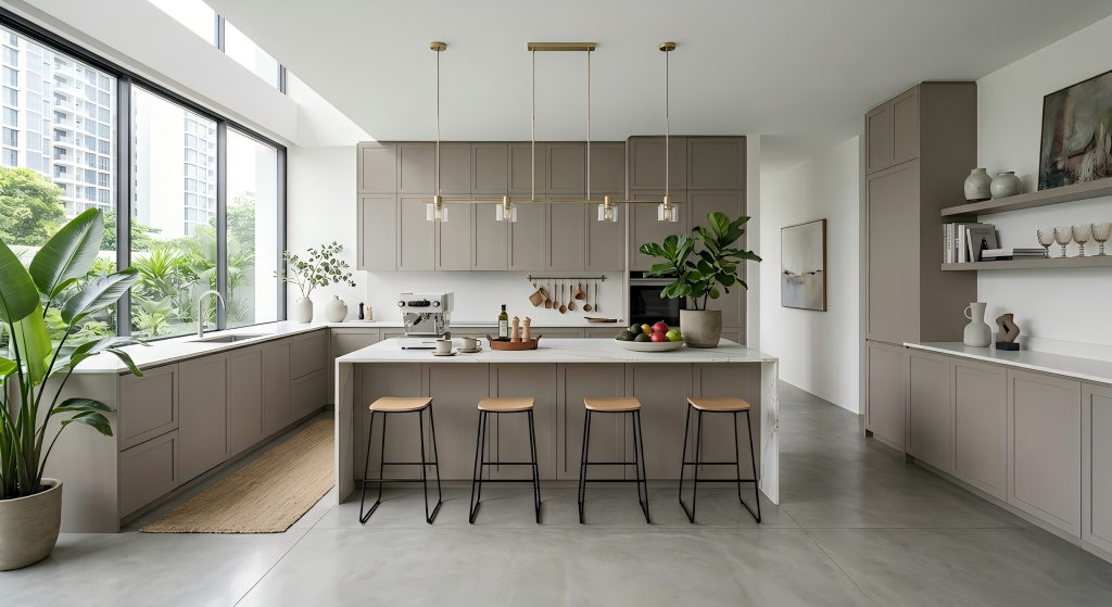 A modern minimalist kitchen featuring taupe slim shaker cabinets, a white marble waterfall island, and black metal bar stools over a concrete floor.