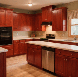 rich red maple kitchen cabinets with center island and stainless steel appliances in traditional kitchen