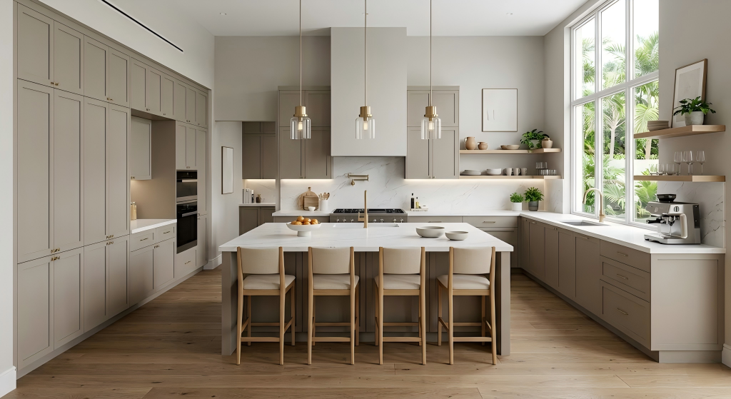 A transitional elegance kitchen combining greige slim shaker cabinets, brushed brass hardware, a white quartz countertop, and natural wood flooring.