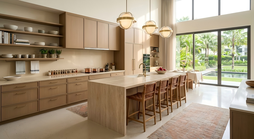 A warm contemporary kitchen showcasing light wood slim shaker cabinets, open shelving, a large central island, and woven leather seating with natural light.