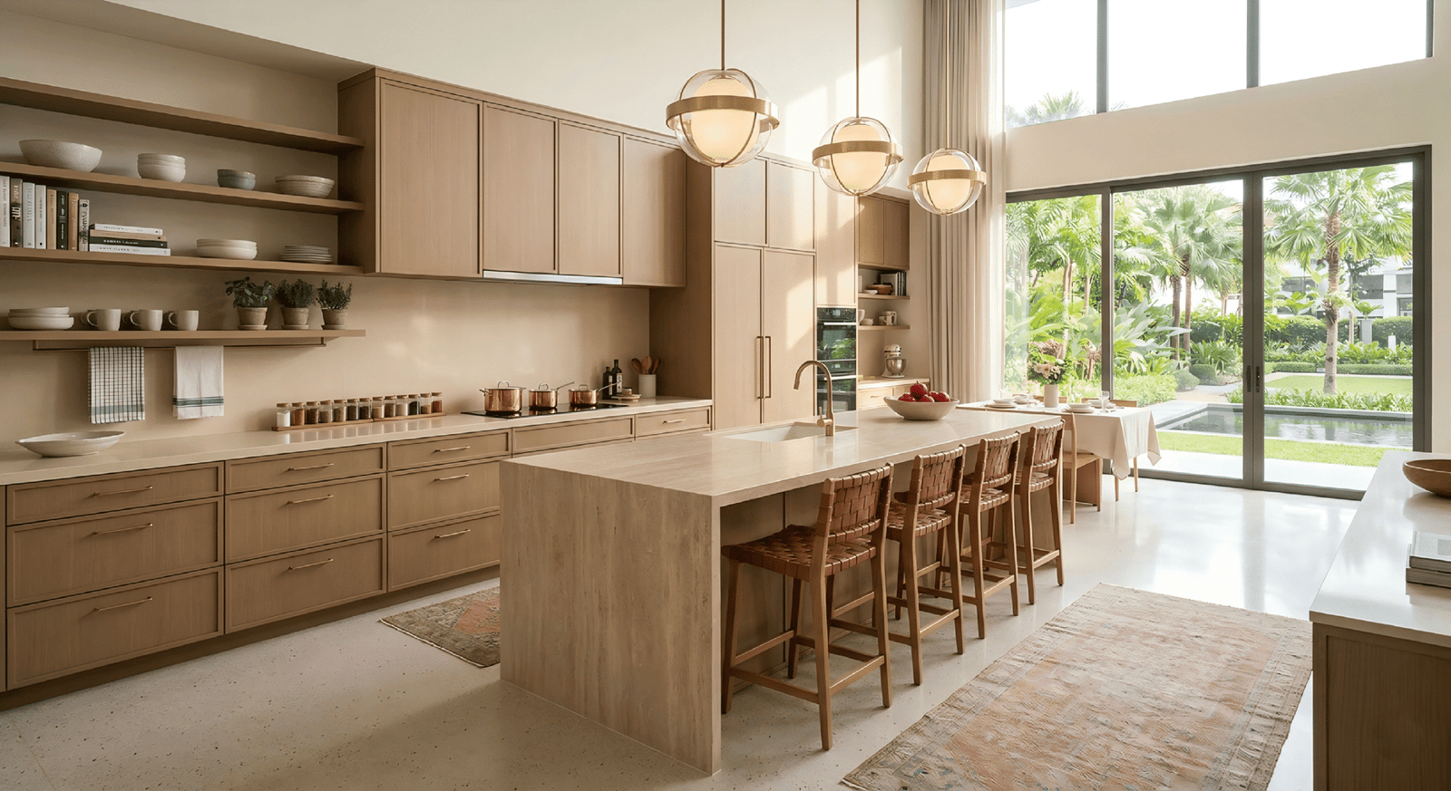 A warm contemporary kitchen showcasing light wood slim shaker cabinets, open shelving, a large central island, and woven leather seating with natural light.