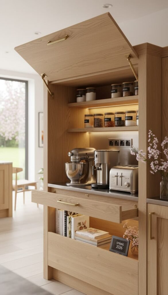 Matte flat-panel appliance garage concealing kitchen appliances on a quartz countertop