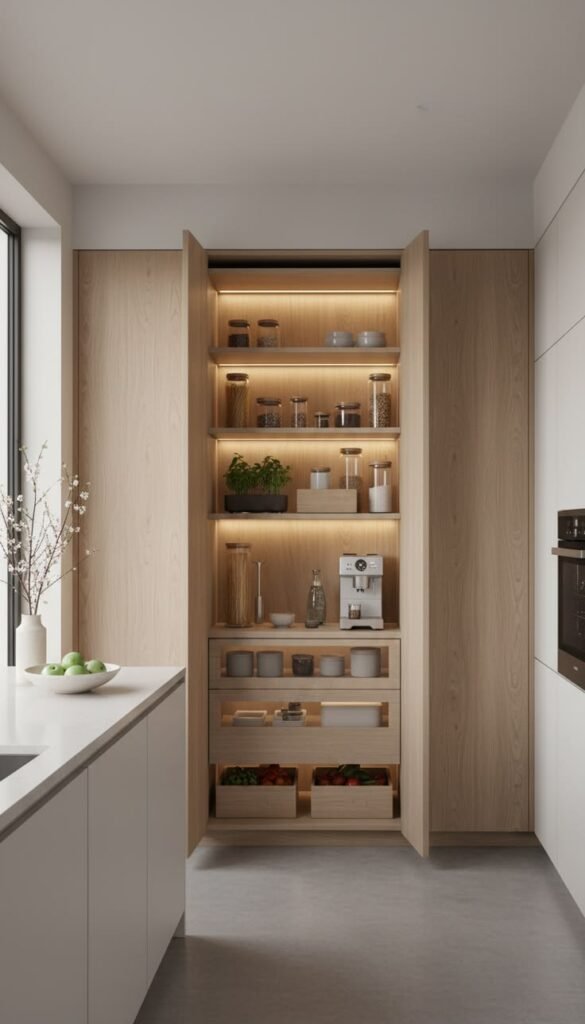 Open appliance garage with a warm walnut wood veneer interior and espresso machine