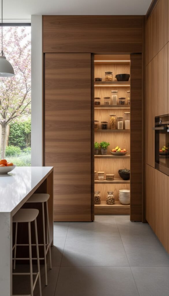 Vertical solid wood tambour door rolling up to reveal a hidden coffee station