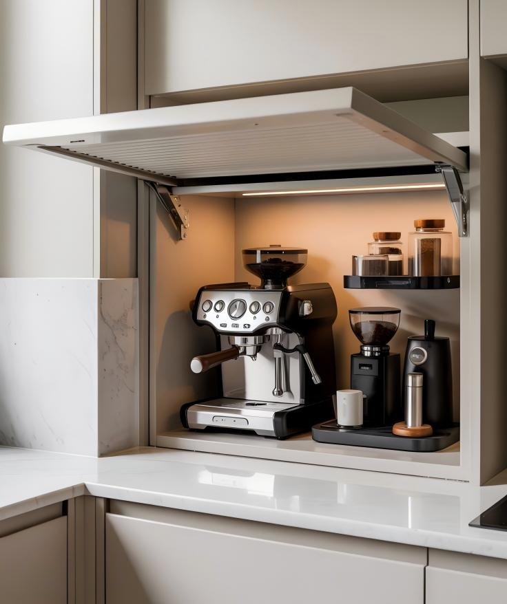 Smart motorized lift-up door opening a kitchen appliance garage smoothly