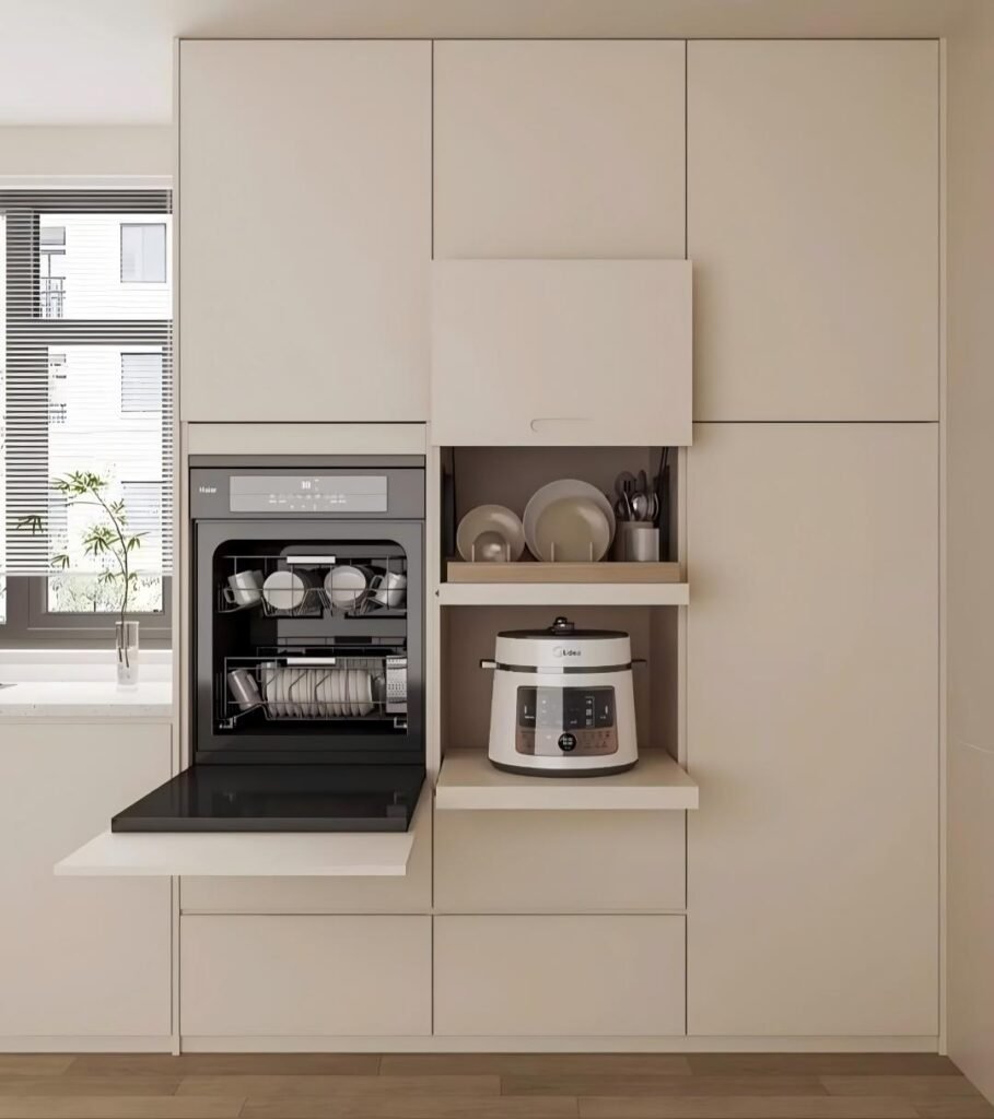 Fluted glass doors on an appliance garage showing soft silhouettes of kitchen devices