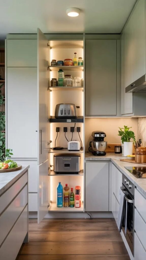 Appliance garage with natural micro-cement texture concealing a toaster and blender