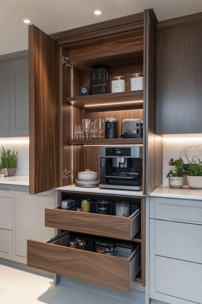 The exterior uses dark oak or matte charcoal black paint, complemented by warm linear LED lighting inside. The moment the door opens, the light focuses on the appliances, creating a dramatic and highly textured atmosphere.