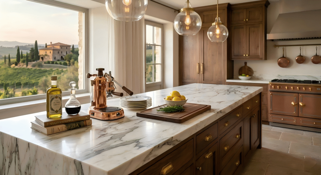 A modern kitchen featuring a multi-level island design, illustrating different kitchen counter heights for preparation and dining areas, paired with dark flat-panel cabinets.