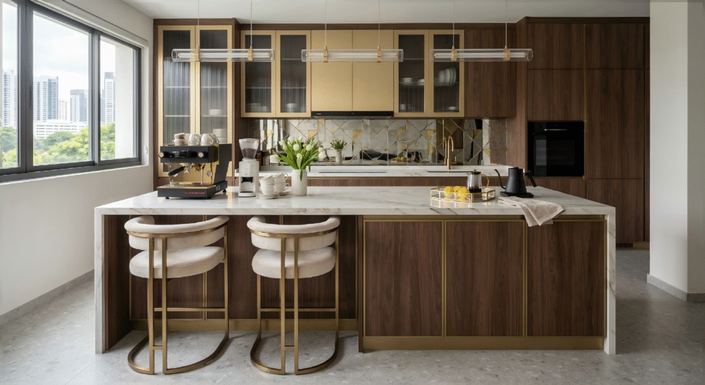 A white kitchen island split into two tiers, showing a raised bar seating area and a standard kitchen counter height prep zone, illuminated by modern pendant lights.