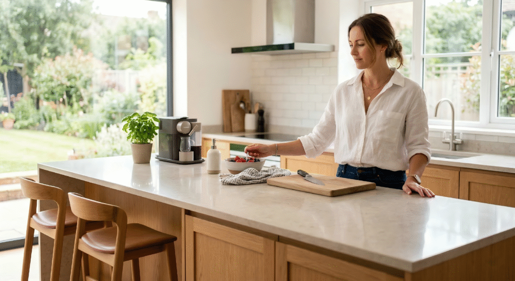 A light gray kitchen island integrated with a lowered wooden table extension, demonstrating ergonomic kitchen counter height adjustments for different tasks.