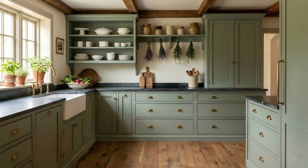 Traditional Farmhouse Style: Warm sage green kitchen cabinets featuring open shelving, brass hardware, and exposed wooden beams, creating a cozy and inviting country kitchen atmosphere.