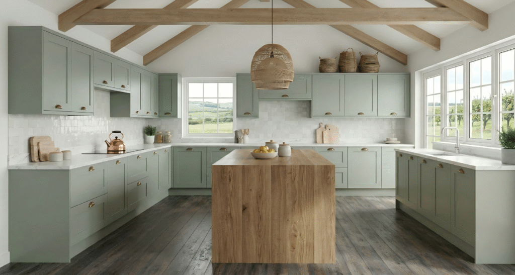 Rustic Modern Style: Charming sage green kitchen cabinets combined with a solid wood island and exposed ceiling beams for a warm, countryside-inspired yet modern kitchen.