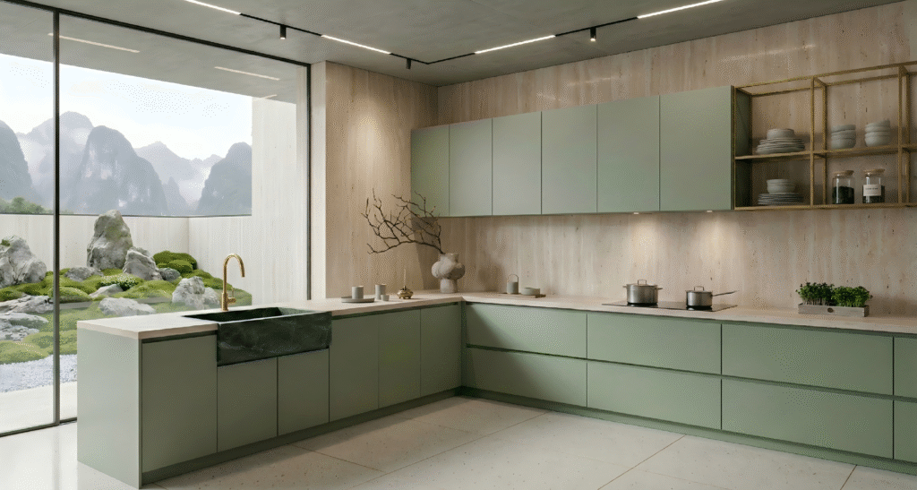 Scandinavian Modern Style: Bright and airy sage green kitchen cabinets featuring flat-panel doors, minimalist hardware, and plenty of natural light, perfect for a calm and functional Nordic-inspired kitchen in 2026.