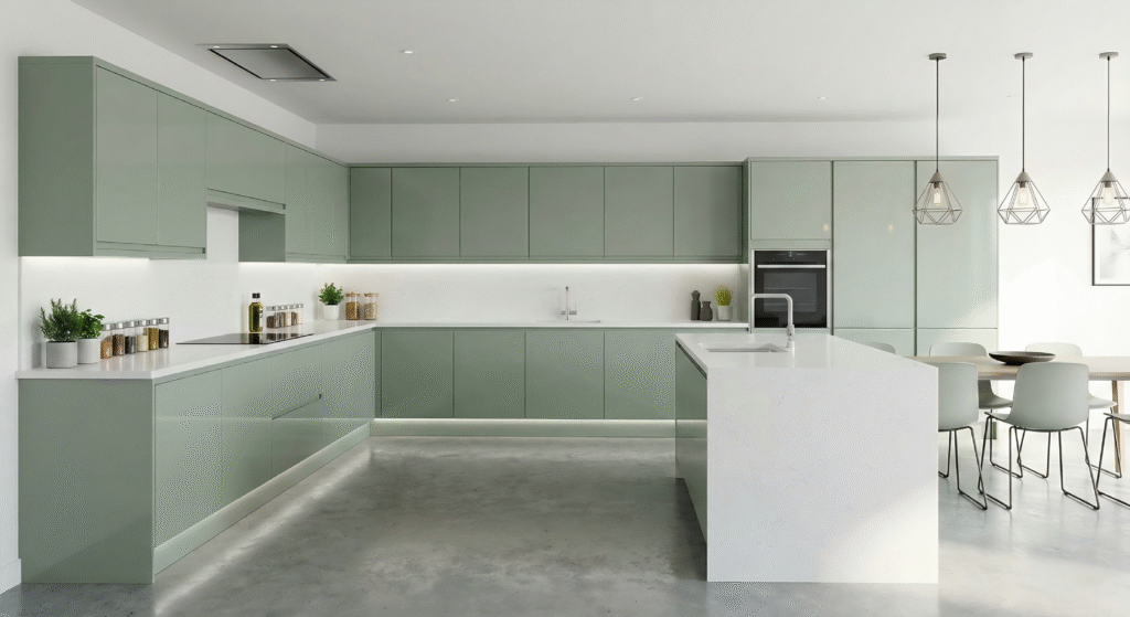 Contemporary Natural Style: Spacious sage green kitchen cabinets with a prominent natural wood island and large windows, offering a bright and organic modern kitchen design.
