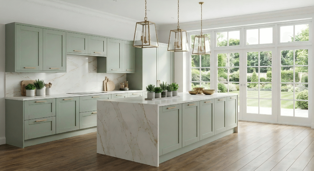 Elegant transitional sage green kitchen cabinets featuring a luxurious marble waterfall island, brass pendant lights, and large windows for a bright and sophisticated look.