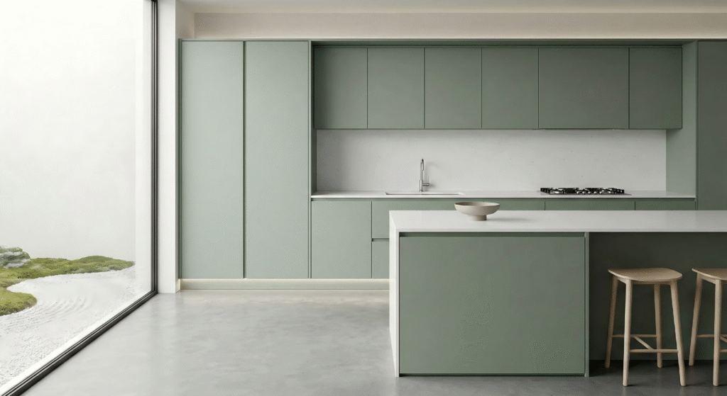 Modern Minimalist Style: Sleek sage green kitchen cabinets paired with a clean white island and wooden stools, delivering a bright, airy, and contemporary kitchen look.