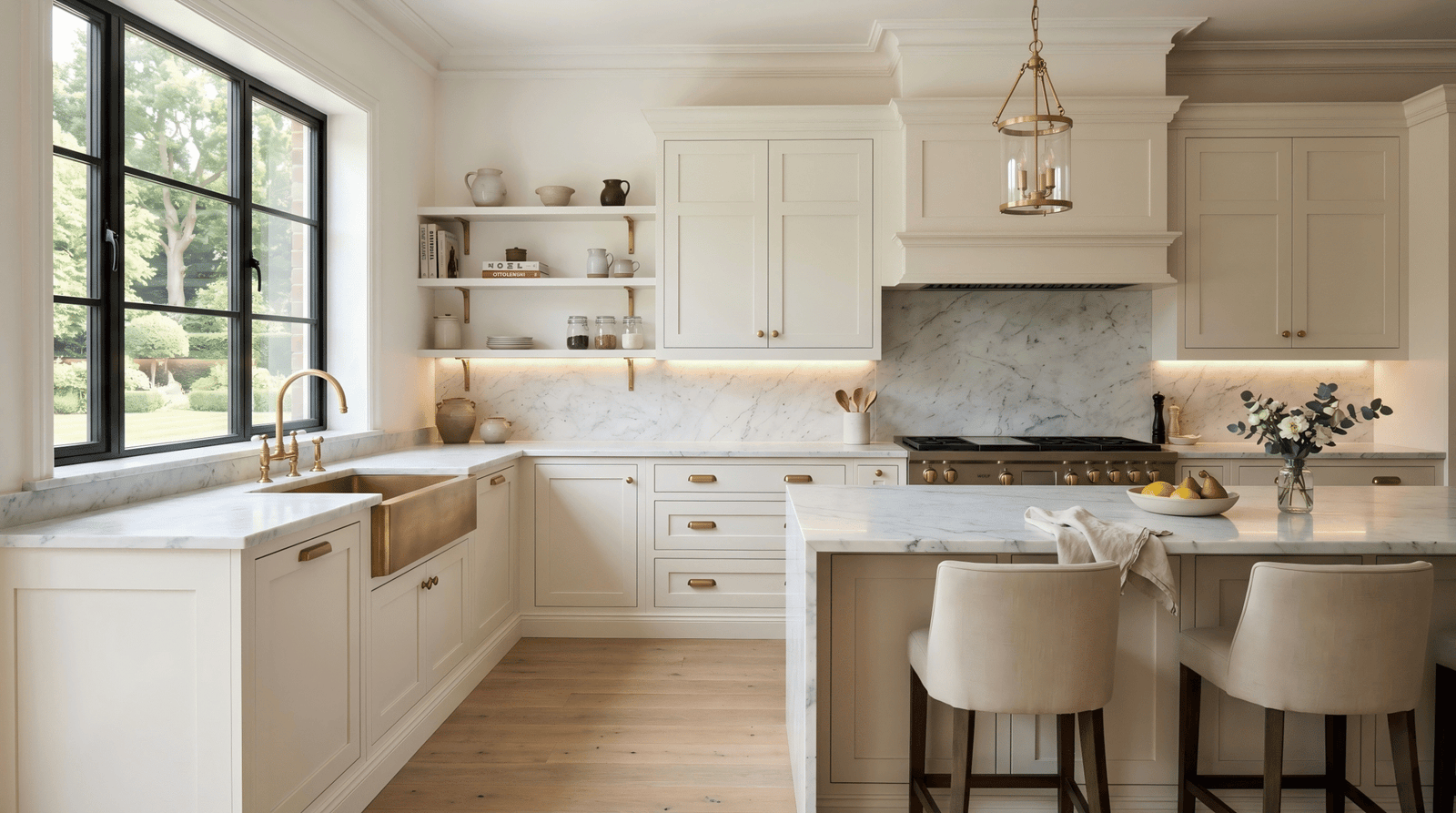 Traditional creamy white MDF shaker kitchen cabinets featuring a brass farmhouse sink, marble countertops, and gold hardware.