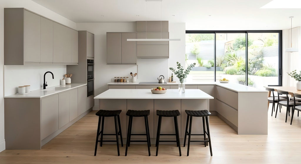 Modern minimalist greige flat-panel MDF kitchen cabinets with a large white island and black bar stools.