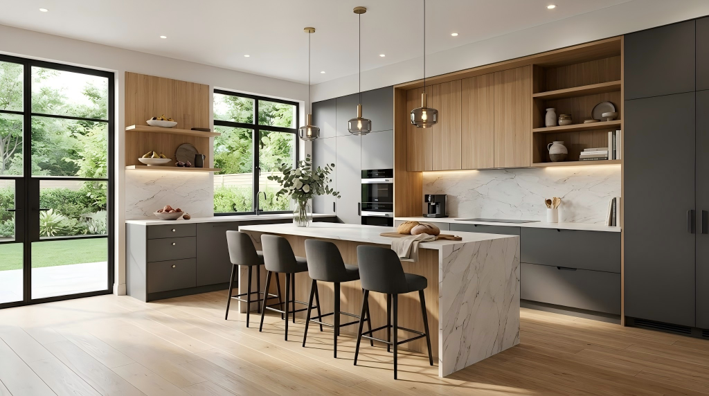 Contemporary kitchen design mixing dark grey matte MDF lower cabinets with light wood upper cabinets and a marble waterfall island.