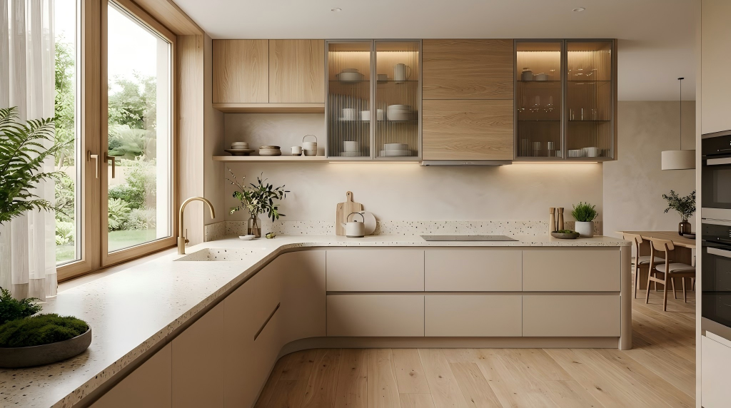 Japandi kitchen featuring curved greige MDF lower cabinets, terrazzo countertops, and wood-framed fluted glass upper cabinets.