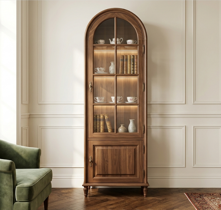 A narrow, arched display cabinet with a light-colored natural wood grain finish, placed in a minimalist, bright Scandinavian-style room. The lower half of the cabinet doors features a solid wood, closed-door design, while the upper glass section displays minimalist-style pottery.