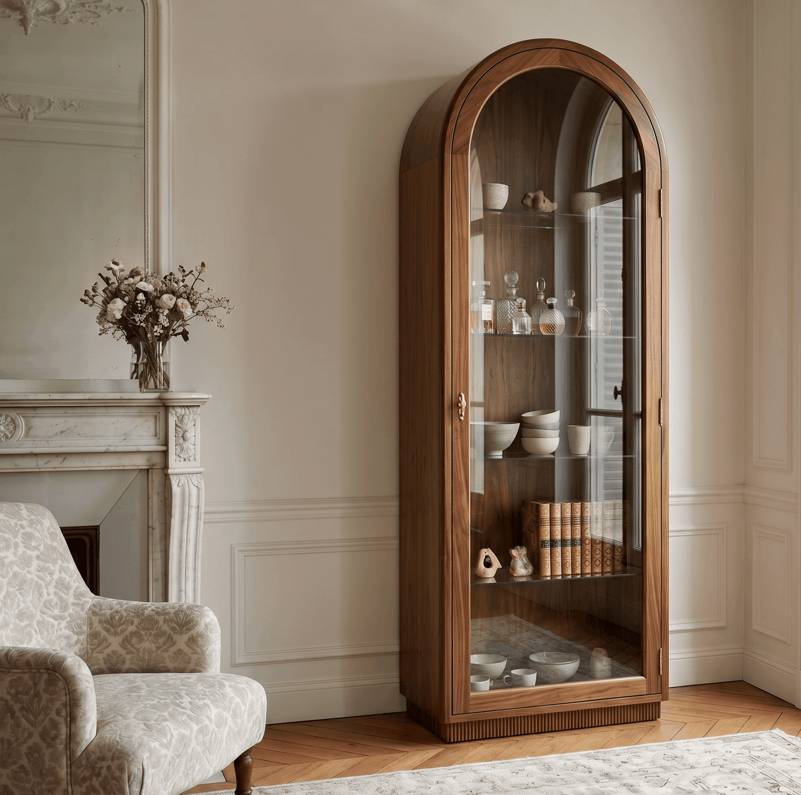 A narrow, arched display cabinet with a light-colored natural wood grain finish, placed in a minimalist, bright Scandinavian-style room. The lower half of the cabinet doors features a solid wood, closed-door design, while the upper glass section displays minimalist-style pottery.